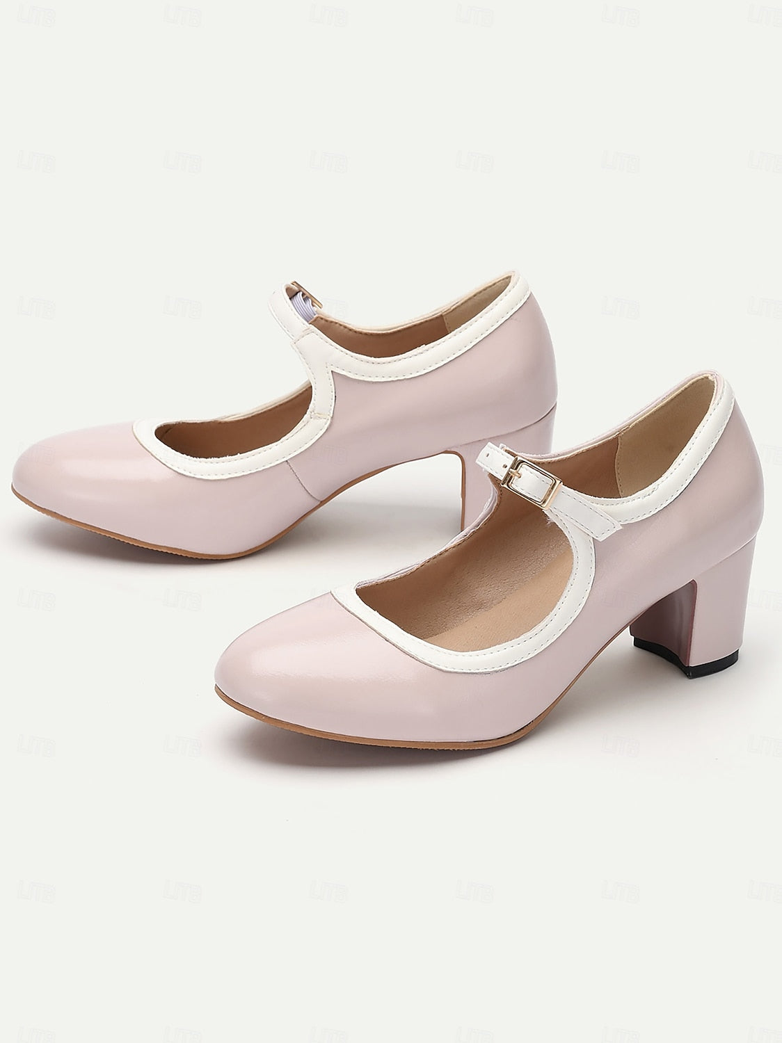 Women's Cream Vintage Mary Jane Block Heel Shoes with Adjustable Strap