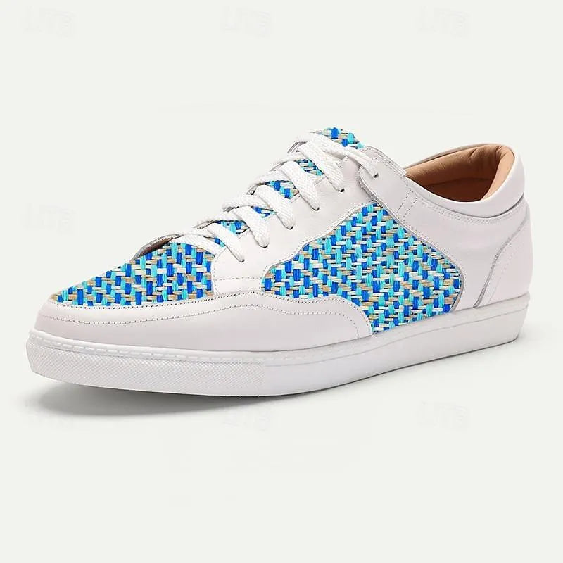 Men's White Leather Sneakers with Blue Woven Pattern - Comfortable Casual Shoes - Tokiyos