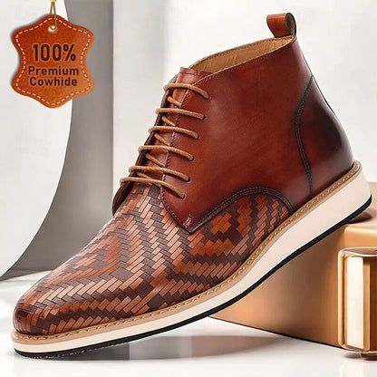 Men's Premium Cowhide Leather Lace-Up Ankle Boots with Woven Pattern