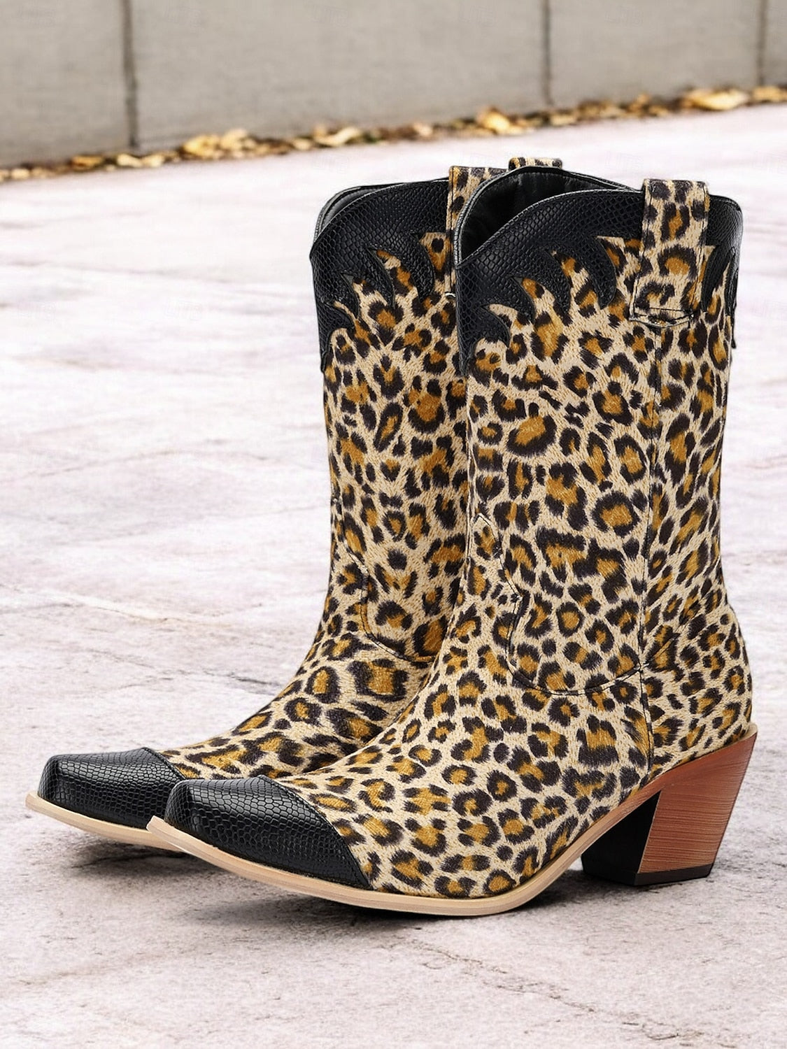 Women's Leopard Print Western Cowboy Boots with Black Faux Leather Accents