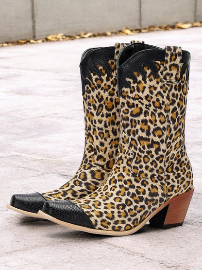 Women's Leopard Print Western Cowboy Boots with Black Faux Leather Accents