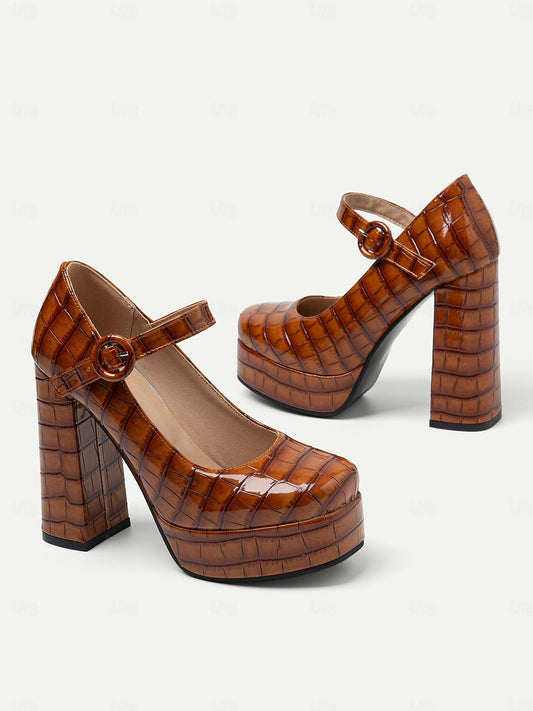 Women's Vintage-Style Brown Crocodile Embossed Platform Heels with Mary Jane Strap – Retro Block Heels for Formal and Party Wear