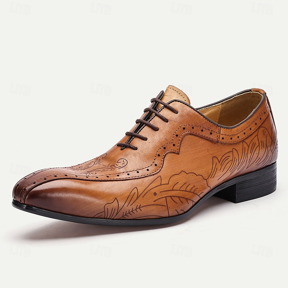 Men's Premium Cowhide Leather Oxford Shoes - Hand-Carved Floral Design Lace-Up Brogue Dress Shoes for Formal Occasions