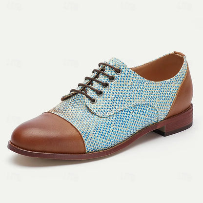 Men's Light Blue Woven Leather Oxford Shoes - Breathable Brown Lace-Up Casual Footwear