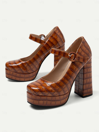 Women's Vintage-Style Brown Crocodile Embossed Platform Heels with Mary Jane Strap – Retro Block Heels for Formal and Party Wear