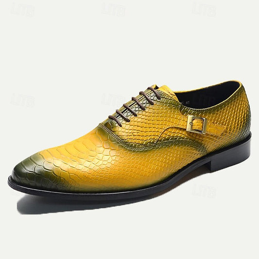 Men's Yellow Gradient Snake Pattern Leather Oxford Shoes with Buckle Detail