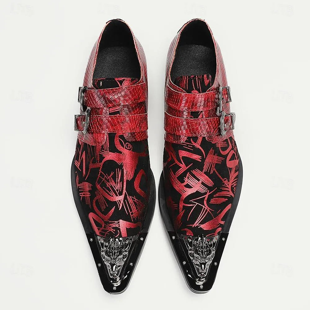 Men's Red Leather Dress Shoes with Graphic Print and Double Buckles - Bold Formal Footwear - Tokiyos