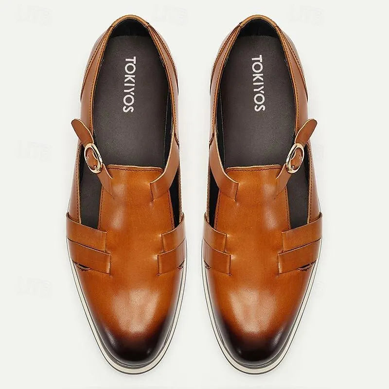 Men's Modern Brown Leather Monk Strap Shoes: Sleek Design with Contrast Sole - Tokiyos