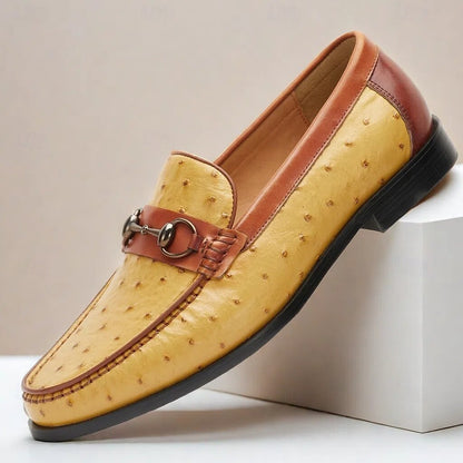 Men's Yellow and Brown Ostrich Leather Loafers with Metal Bit Detail