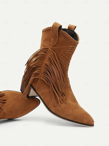 Women's Faux Suede Fringe Western Cowboy Boots Vintage-Style Ankle Boots for Festivals and Riding