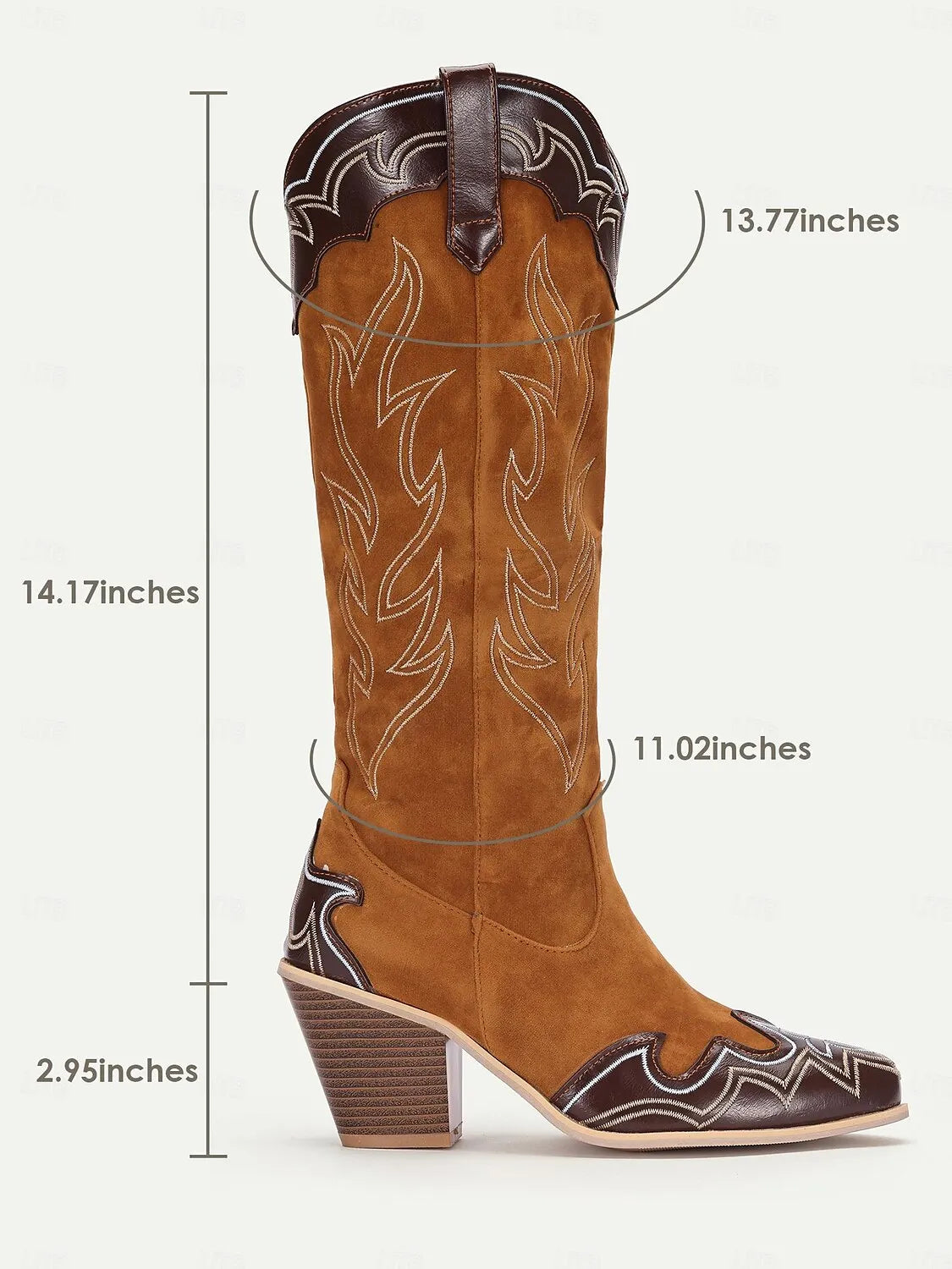 Women's Brown and Black Suede Western Cowboy Boots with Embroidered Details and Block Heel - Stylish Mid-Calf Boots for All Seasons