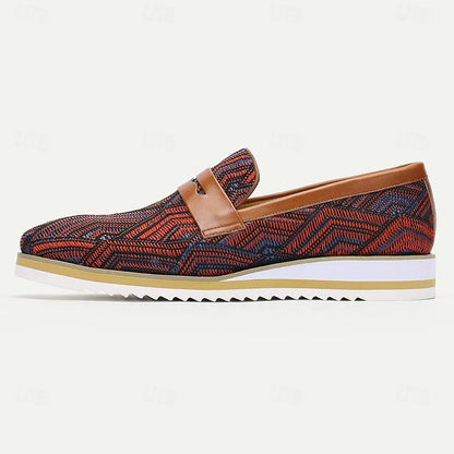 Men's Brown and Red Woven Slip-On Loafers - Breathable Patterned Casual Shoes