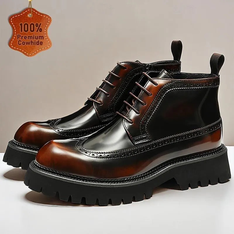 Men's Chunky Sole Brogue Boots - 100% Premium Cowhide Leather with Lace-Up Design - Tokiyos