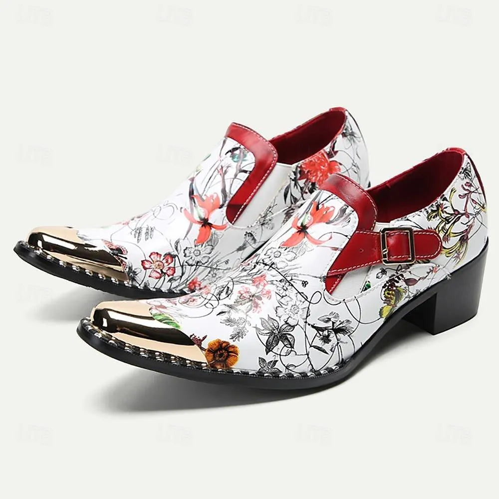 Men's Floral Print Loafers - Fashionable Slip-On Dress Shoes with Red Accents and Metallic Toe Cap - Tokiyos