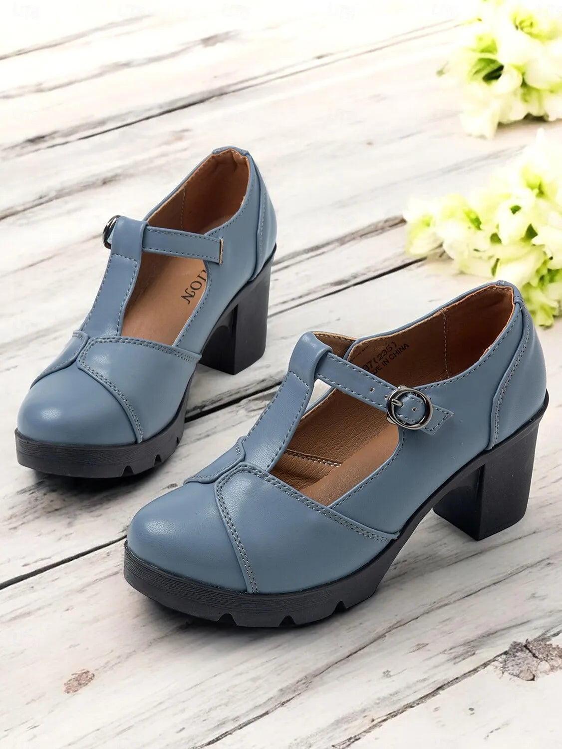 Women's Blue Mary Jane Chunky Heel Shoes - Retro T-Strap Design for Office and Casual Wear