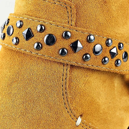 Men's Tan Suede Motorcycle Boots with Studded Strap and Zipper Closure - Stylish Western-Inspired Biker Boots