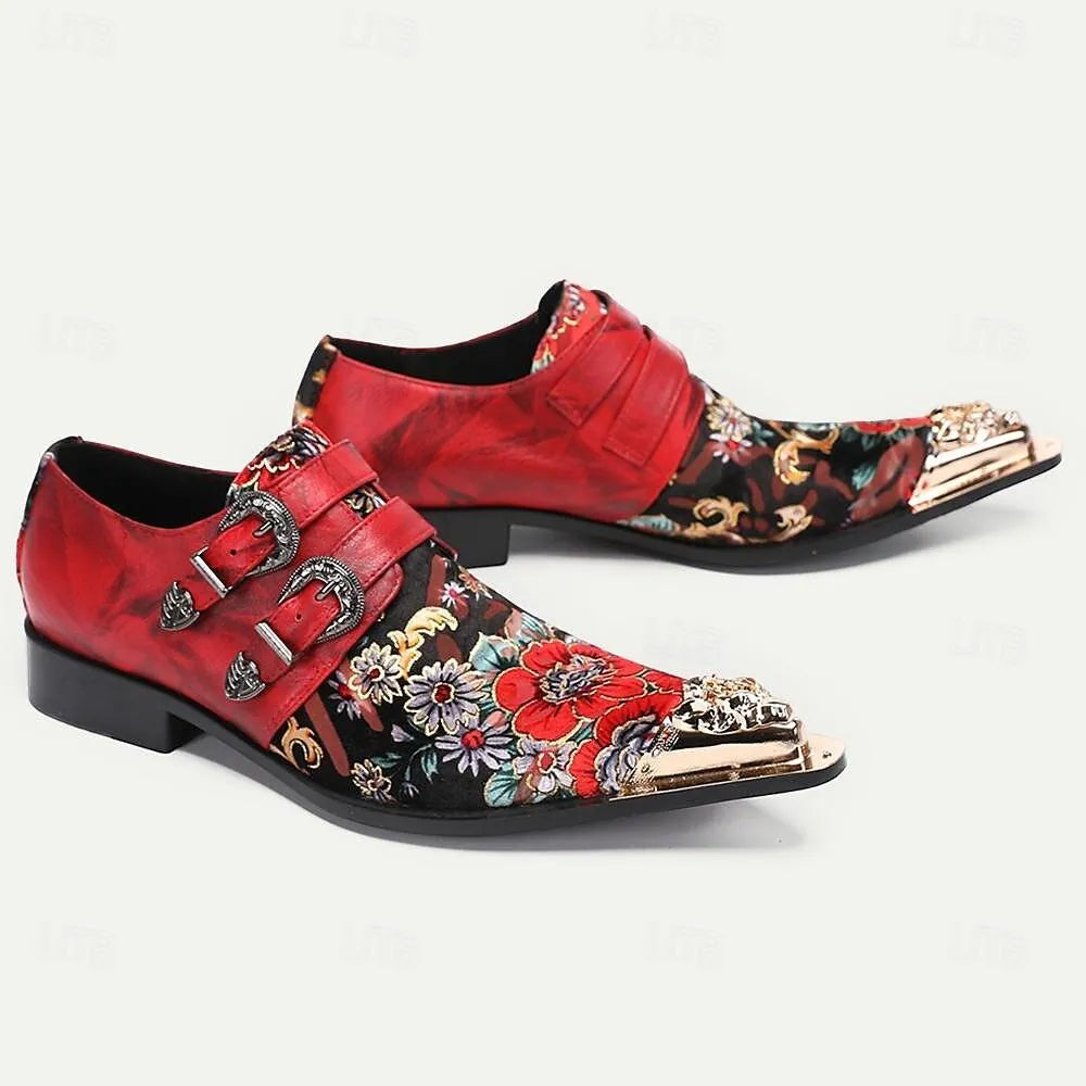 Men's Red Floral Embroidered Monk Strap Shoes Gold Lion Head Buckles - Tokiyos