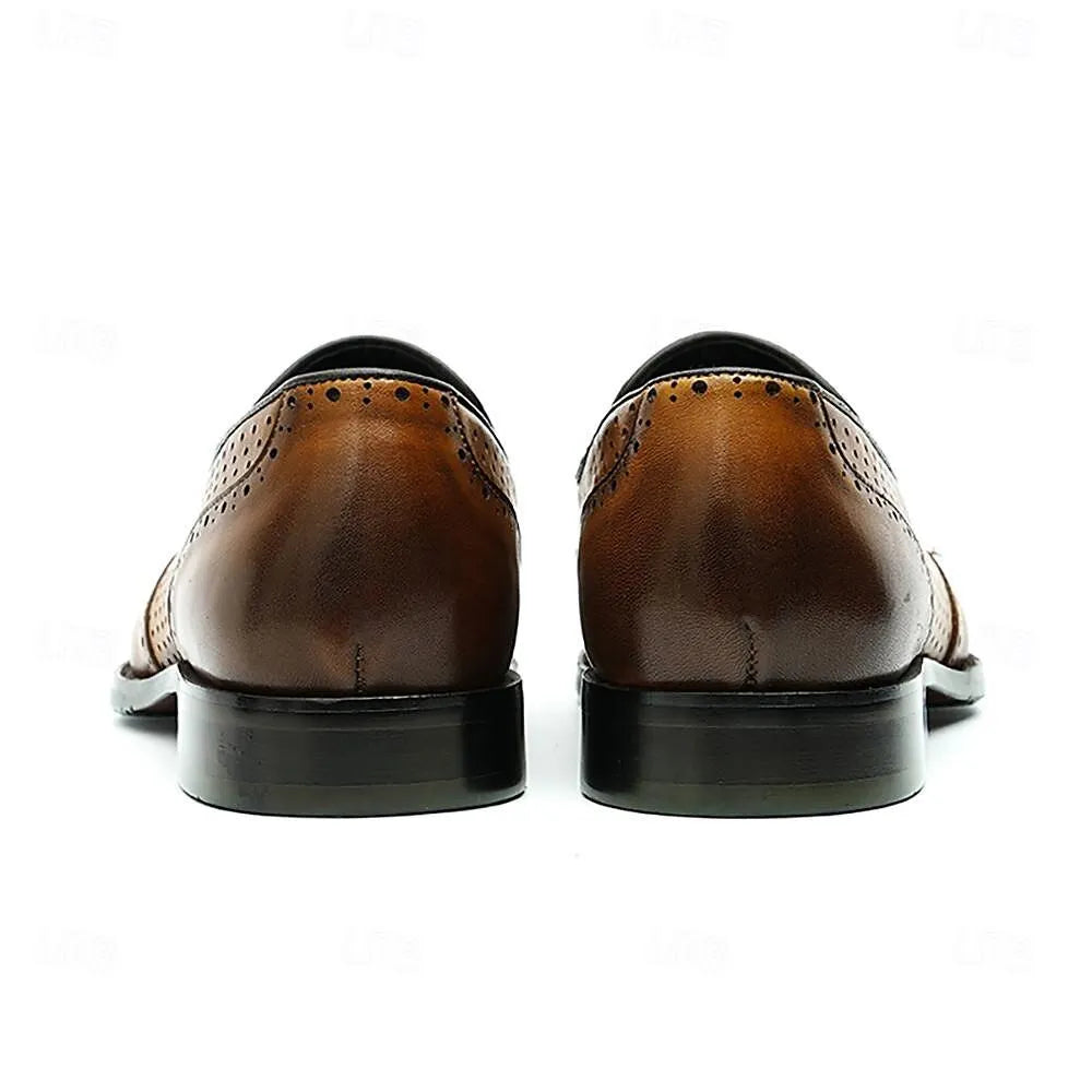 Men's Vintage Brown Leather Perforated Tassel Loafers - Tokiyos