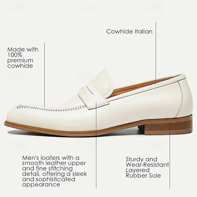 Men's White Leather Loafers with Perforated Detail - Tokiyos