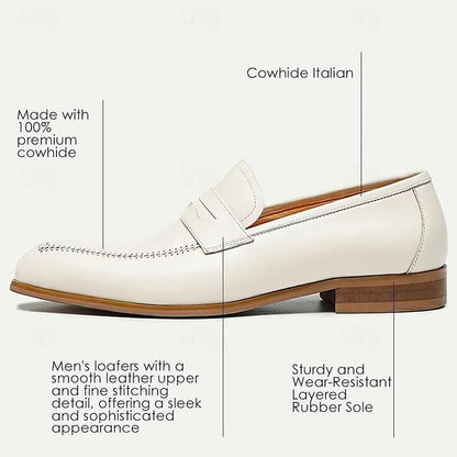 Men's White Leather Loafers with Perforated Detail - Tokiyos