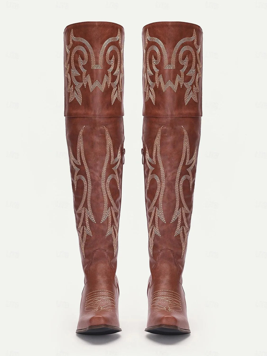 Women's Brown Western Over-the-Knee Cowboy Boots with Intricate Embroidery and Block Heel