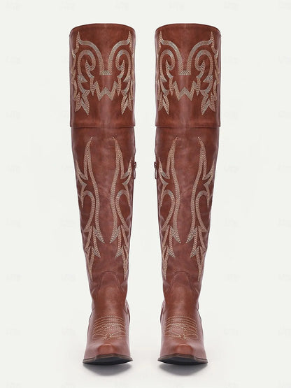 Women's Brown Western Over-the-Knee Cowboy Boots with Intricate Embroidery and Block Heel - Stylish and Comfortable High Boots for All Seasons