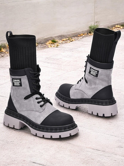 Women's Gray and Black Chunky Combat Boots with Knit Top and Side Zipper - Rugged Lace-Up Design for Outdoor and Streetwear