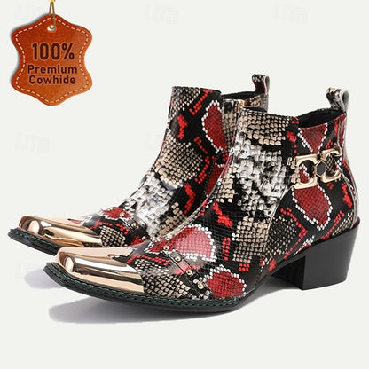 Men's Snake Print Leather Ankle Boots Premium Cowhide Red and Black Exotic Design