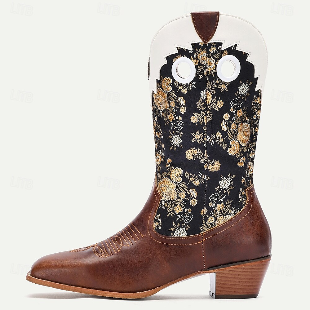 Men's Premium Cowhide and Jacquard Fabric Western Cowboy Boots with Gold Floral Embroidery-Vintage Style Boots for Ranch and Outdoor Wear