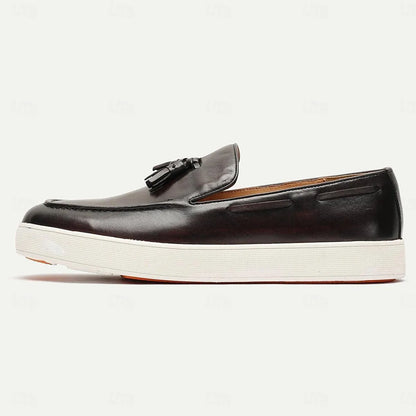 Men's Brown Leather Tassel Loafers with White Sole - Tokiyos