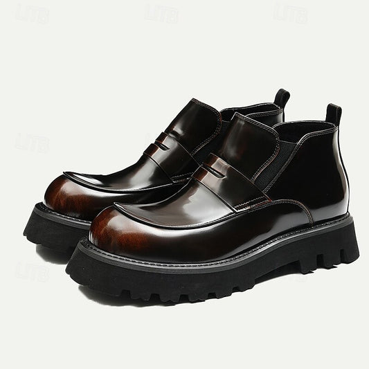 Men's Chunky Sole Glossy Brown Ankle Boots Modern Slip-On Design