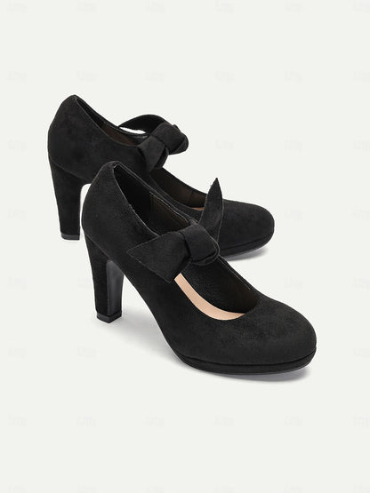 Women's Black Suede Bow Heels-Elegant Round-Toe Platform Pumps for Formal Events and Parties