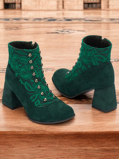 Women's Green Faux Suede Ankle Boots with Snap-Button, Lace Overlay and Side Zipper