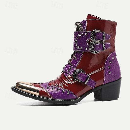 Men's Premium Cowhide Studded Motorcycle Boots - Bold Red and Purple Design with Buckles and Metallic Toe Cap