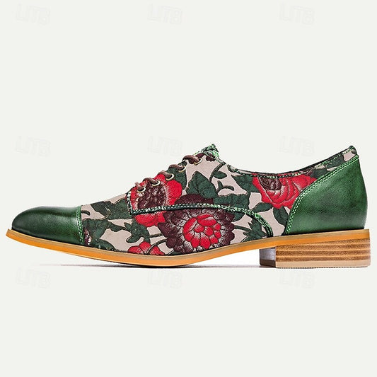 Men's Premium Cowhide Leather Floral Print Oxford Shoes with Green Accents Stylish and Comfortable Footwear for Casual