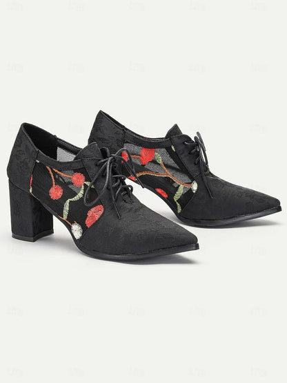 Women's Black Jacquard Lace-Up Heels with Floral Embroidery and Block Heel