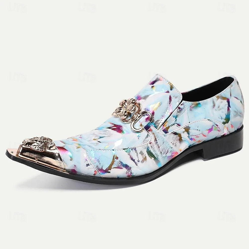 Men's Floral Print Dress Shoes with Metal Lion Head Embellishments - Tokiyos