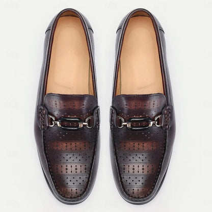 Men's Loafers Perforated Brown Leather Gunmetal Horsebit - Tokiyos