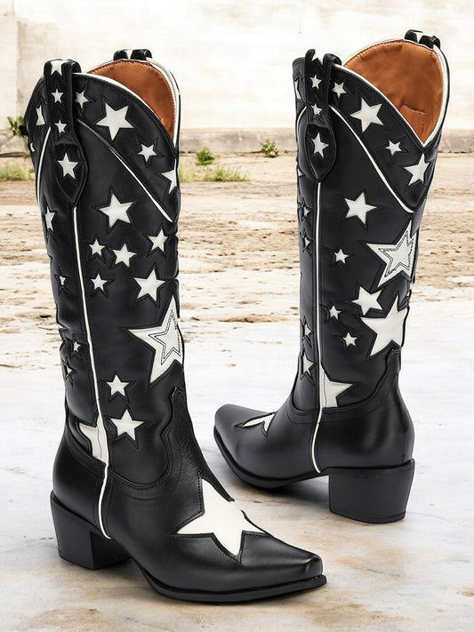 Women's Black Star-Patterned Western Cowboy Boots with White Contrast Embellishments – Stylish Faux Leather Boots for Rodeo, Country, and Casual Wear