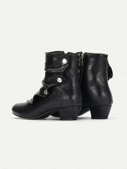 Women's Black Faux Leather Mid-Calf Boots with Button Details and Low Heel