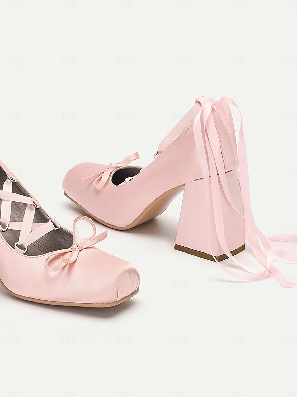 Women's Pink Satin Lace-Up Block Heels with Ribbon Ties-Ballet-Inspired Pumps for Special Occasions and Elegant Outfits