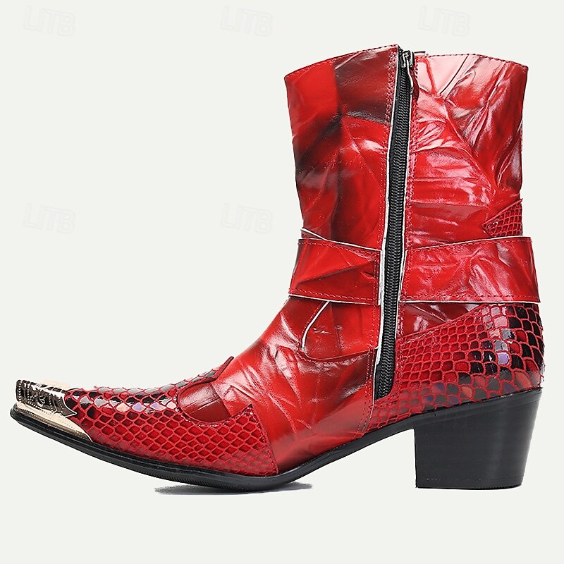 Men's Red Premium Cowhide Motorcycle Boots with Snake Pattern, Metal Toe Cap, and Western Style - Perfect for Riding and Outdoor Adventures