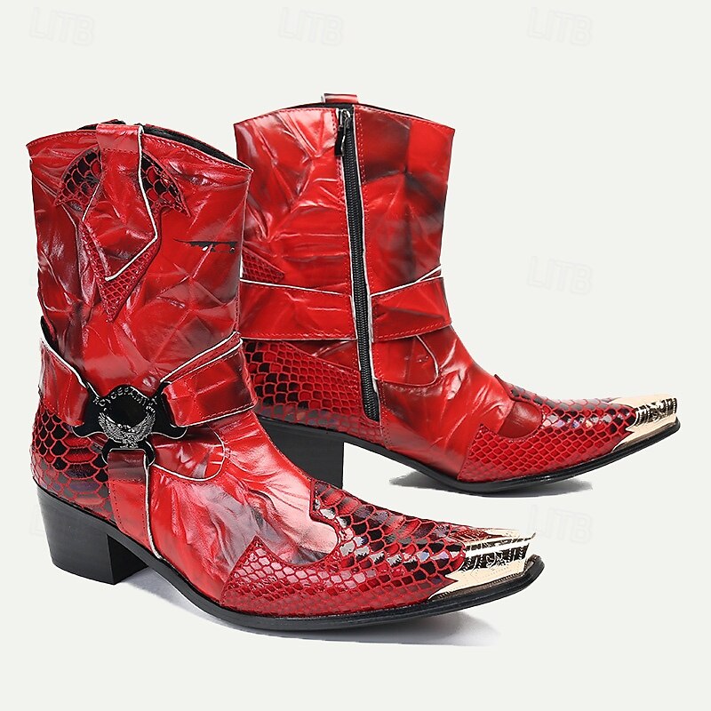 Men's Red Premium Cowhide Motorcycle Boots with Snake Pattern, Metal Toe Cap, and Western Style - Perfect for Riding and Outdoor Adventures