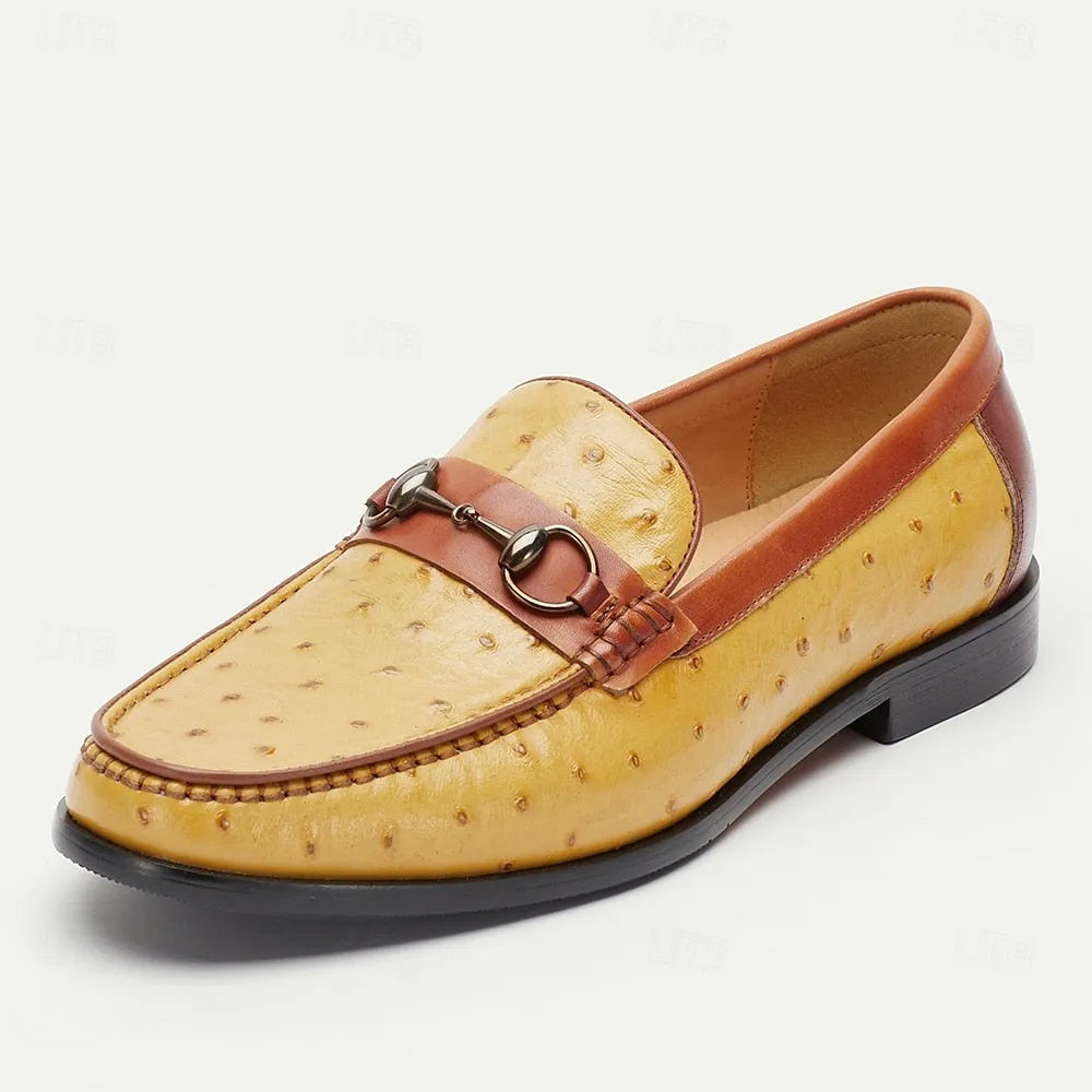 Men's Yellow and Brown Ostrich Leather Loafers with Metal Bit Detail - Stylish Slip-On Dress Shoes for Formal and Casual Wear