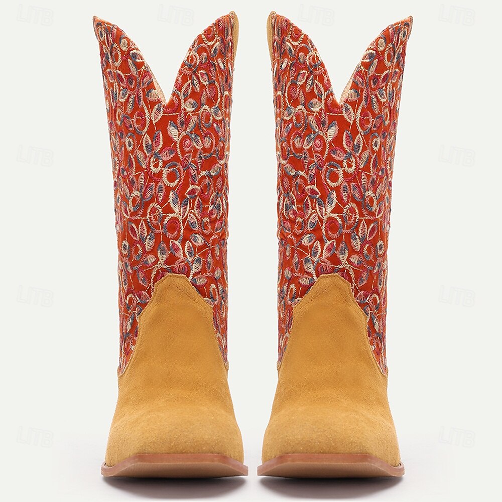 Men's Premium Cowhide and Jacquard Fabric Western Cowboy Boots with Multicolor Embroidery-Vintage Style Boots for Ranch and Outdoor Wear