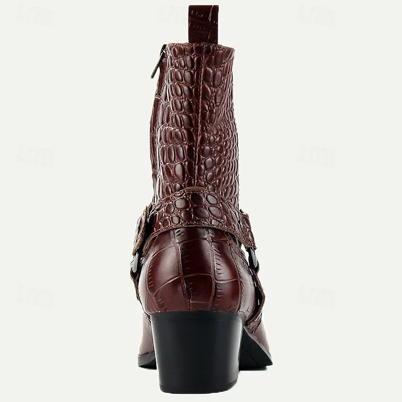 Men's Handmade Goodyear Welted Crocodile Embossed Leather Motorcycle Boots with Buckle Detail and Mid Heel - Vintage Style