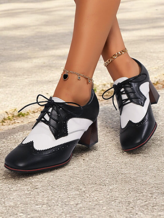 Women's Black and White Vintage Brogue Lace-Up Oxford Heels