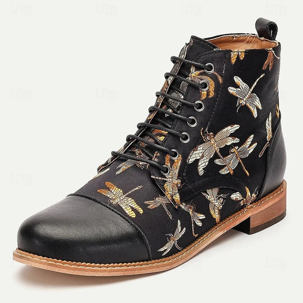 Men's Premium Cowhide Lace-Up Boots with Dragonfly Embroidery and Leather Toe Cap