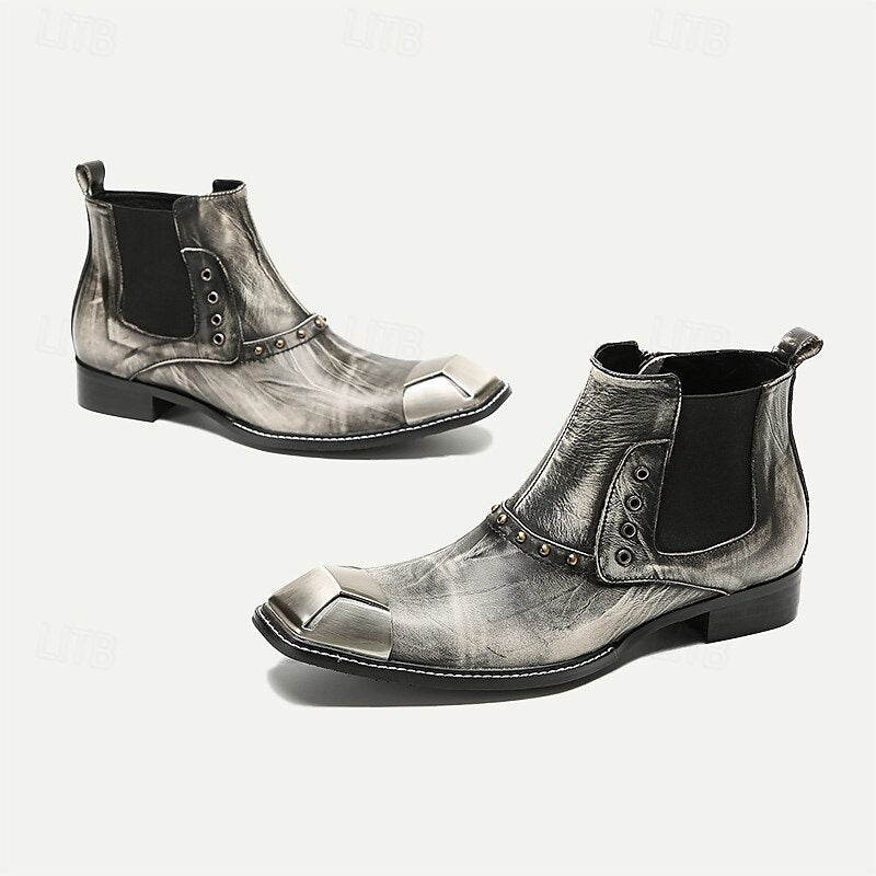 Men's Metallic Silver Leather Chelsea Motorcycle Boots-Pointed Toe Ankle Boots