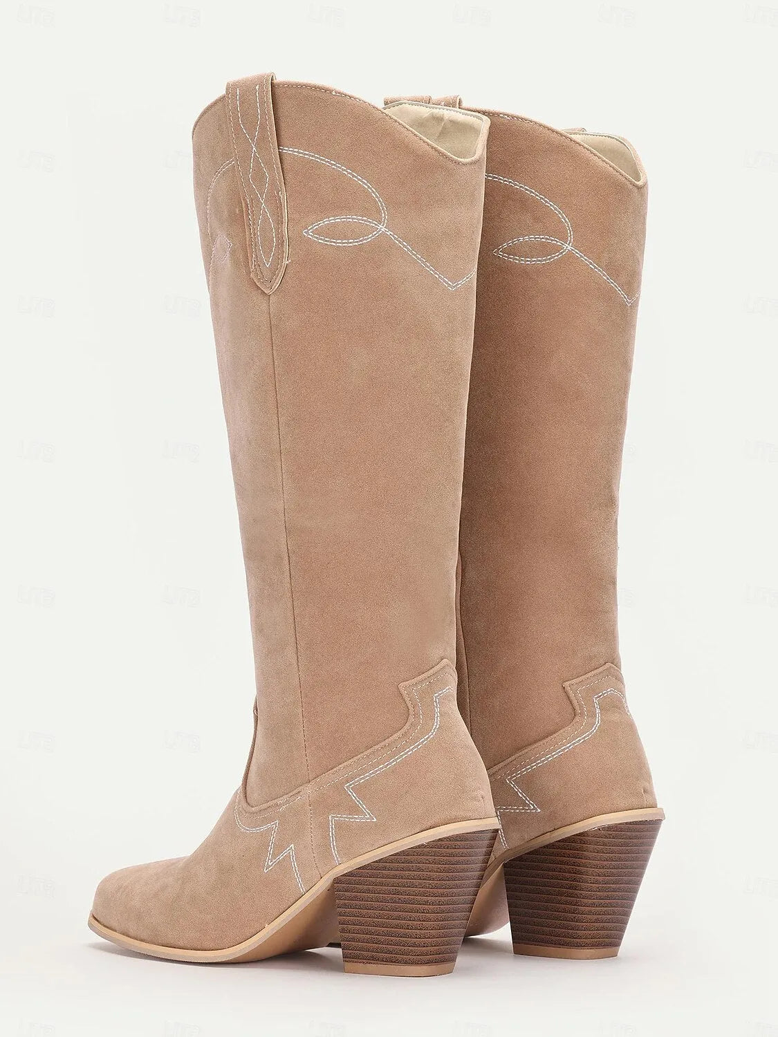 Women's Light Brown Suede Western Cowboy Boots with Embroidered Details - Stylish Mid-Calf Boots for All Seasons